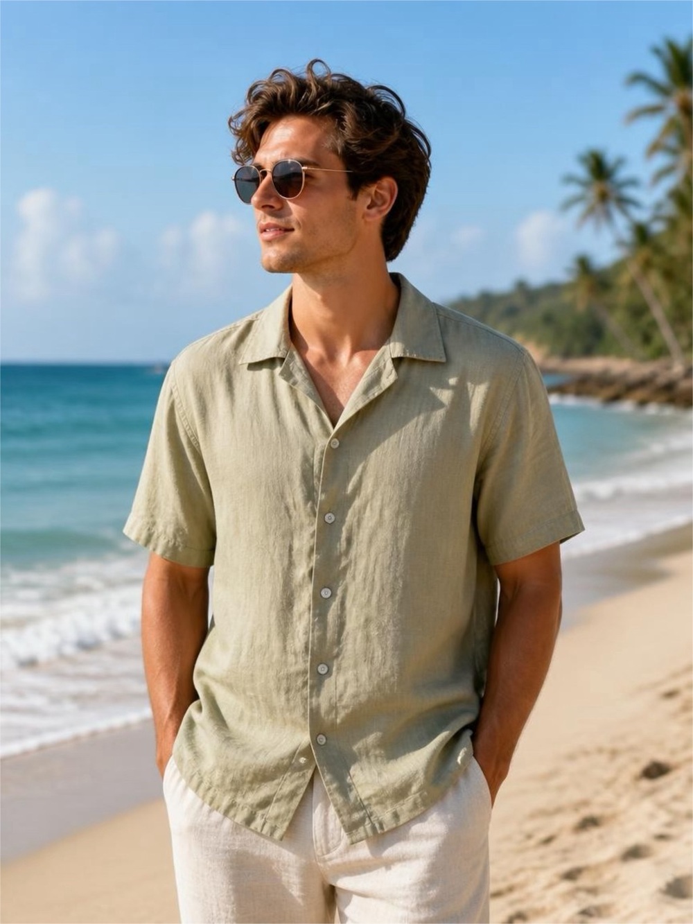 Reiss Men's All Linen Short-Sleeve Shirt Sz XL Light green Beachy casual comfort